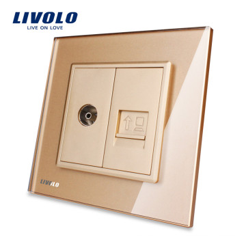 Livolo Gold Kristallglasscheibe VL-C791VC-13 Wandfernseher und COM RJ45 Internet-Steckdose Steckdose